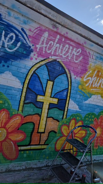 St Mary & St Thomas CE Primary School - Community participants creating school graffiti mural St Mary & St Thomas CE Primary School - Community participants creating school graffiti mural